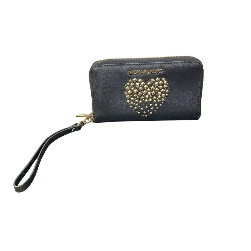 Michael Kors Black Saffiano Leather Studded Heart Zip Around Wristlet Wallet